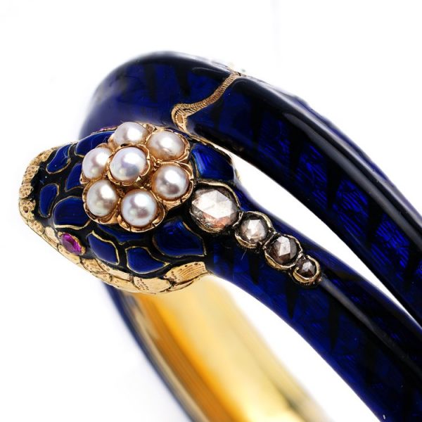 Antique Early Victorian Gold and Blue Enamel Snake Bangle Bracelet