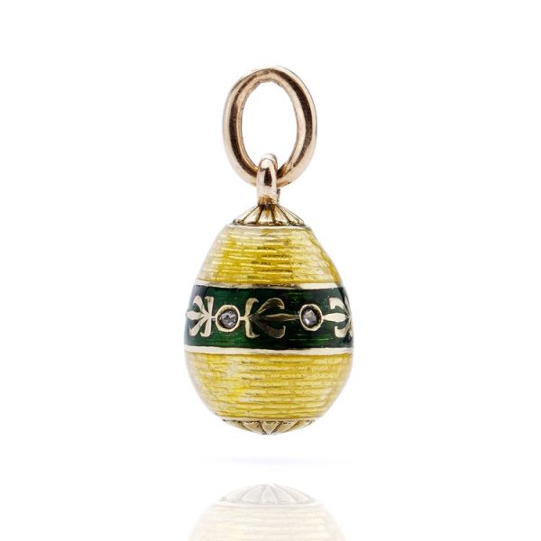 Antique Rare Carl Faberge Egg Pendant; Carl Fabergé 14ct yellow gold and guilloche enamel Easter egg pendant set with rose-cut diamonds. Made in Russia, late 19th century Circa 1890s