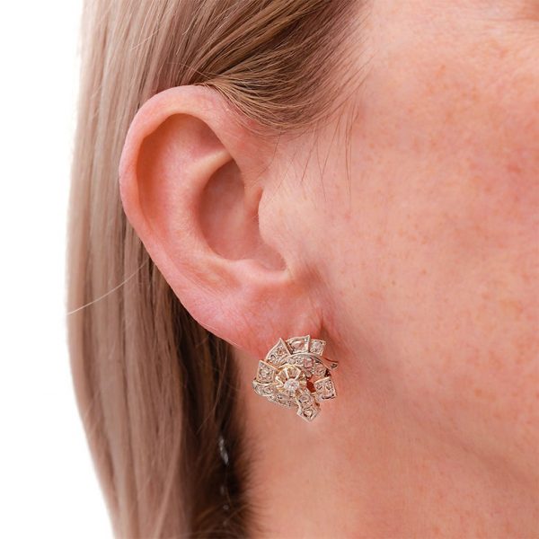 Vintage 1ct Rose Cut Diamond Cluster Earrings in 18ct Gold