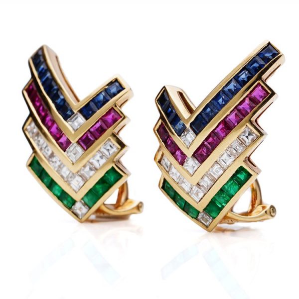 Vintage Wempe 18ct Yellow Gold Earrings with Diamonds Rubies Emeralds and Sapphires