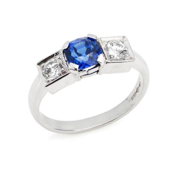 0.50ct Cushion Cut Sapphire and Diamond Three Stone Ring in Platinum