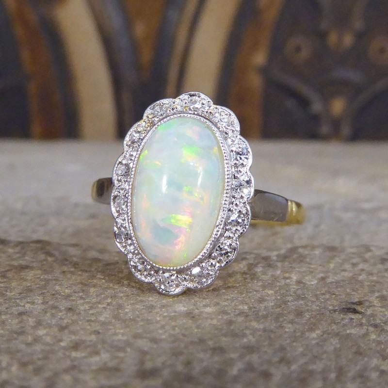 Antique Edwardian Opal and Diamond Cluster Ring - Jewellery Discovery