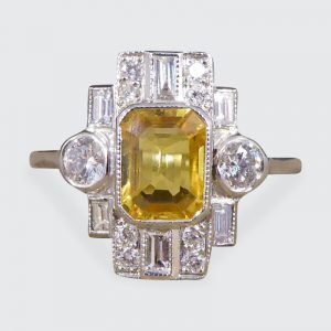 Art Deco Style 1.10ct Yellow Sapphire and Diamond Cluster Ring