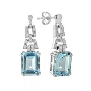 Art Deco Style Emerald Cut Blue Topaz and Diamond Drop Earrings