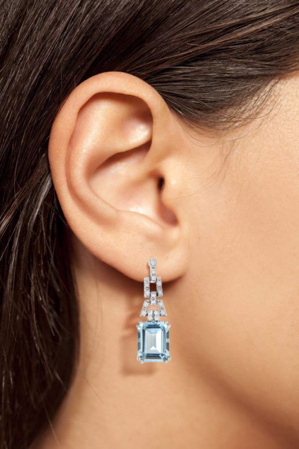 Art Deco Style Emerald Cut Blue Topaz and Diamond Drop Earrings