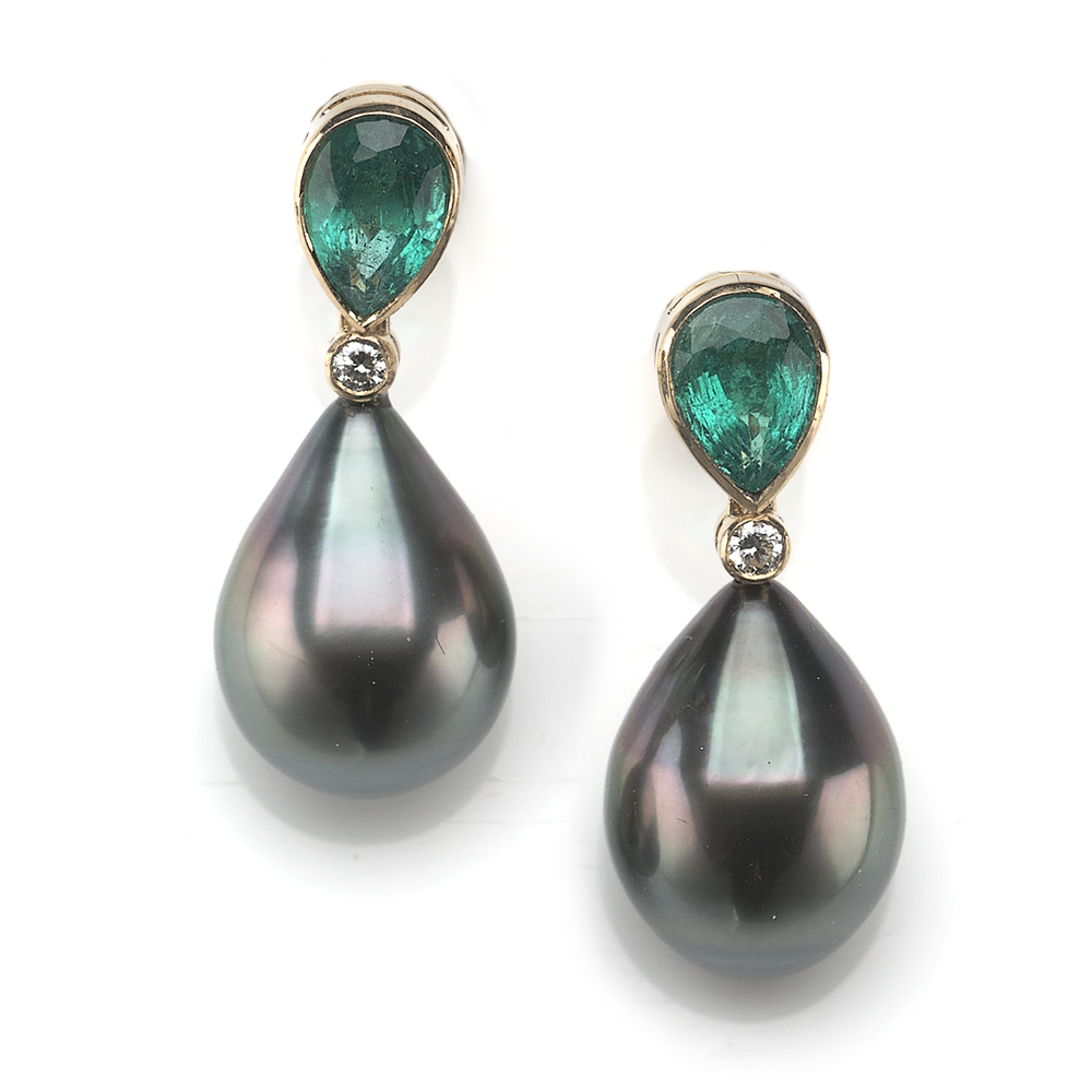 Emerald Diamond and Tahitian Pearl Earrings - Jewellery Discovery