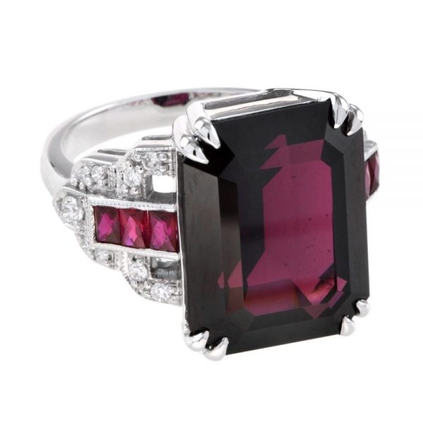 Art Deco Style 16.9ct Rhodolite Cocktail Ring with Ruby and Diamond