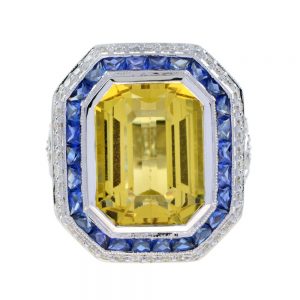 14ct Golden Beryl, Ceylon Sapphire and Diamond Cocktail Ring