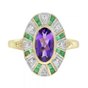 Amethyst, Emerald and Diamond Dress Ring