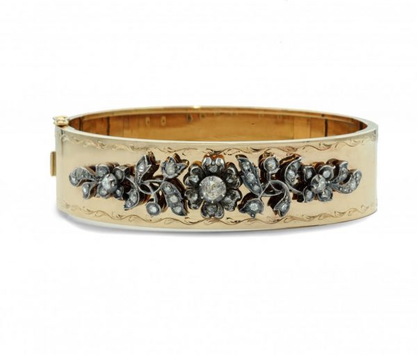 Vintage Rose Cut Diamond Set Gold Bangle Bracelet