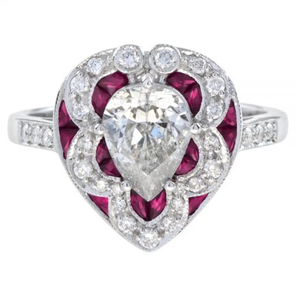 GIA Certified 1.05ct Pear Cut Diamond and Ruby Heart Shaped Cluster Ring