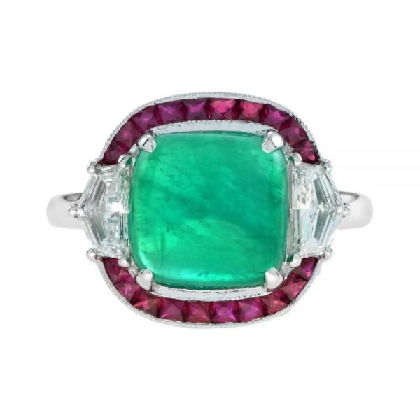 4.12ct Cabochon Natural Colombian Emerald with Ruby and Diamond Halo Ring