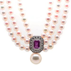 Three Row Pearl Collar Necklace with Pink Sapphire and Diamond Cluster Clasp