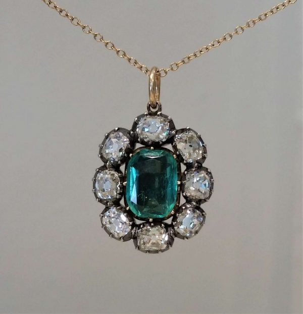 Antique Georgian Emerald and Diamond Cluster Pendant