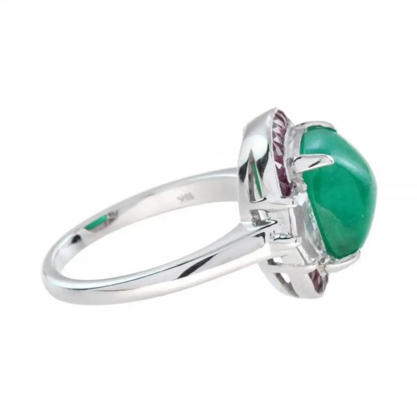 4.12ct Cabochon Natural Colombian Emerald with Ruby and Diamond Halo Ring