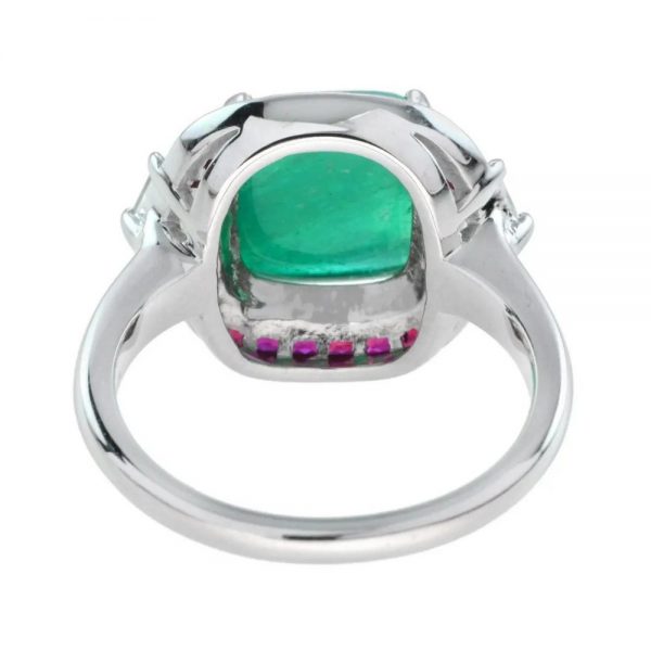 4.12ct Cabochon Natural Colombian Emerald with Ruby and Diamond Halo Ring