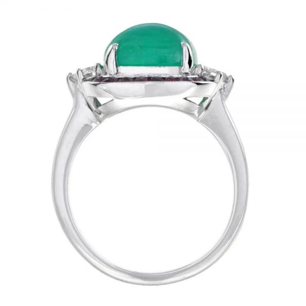 4.12ct Cabochon Natural Colombian Emerald with Ruby and Diamond Halo Ring