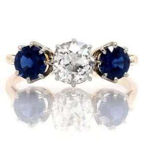 Vintage 1.25ct Old Cut Diamond and Sapphire Three Stone Ring