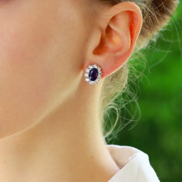 3.20ct Sapphire and Diamond Oval Cluster Earrings