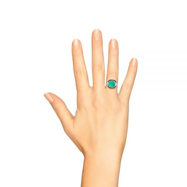 4.12ct Cabochon Natural Colombian Emerald with Ruby and Diamond Halo Cluster Ring