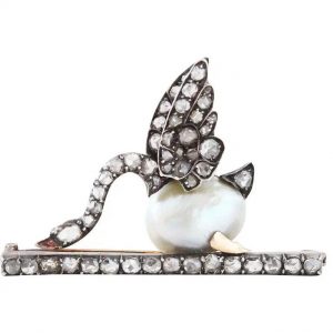 Antique Victorian Natural Pearl and Diamond Swan Brooch