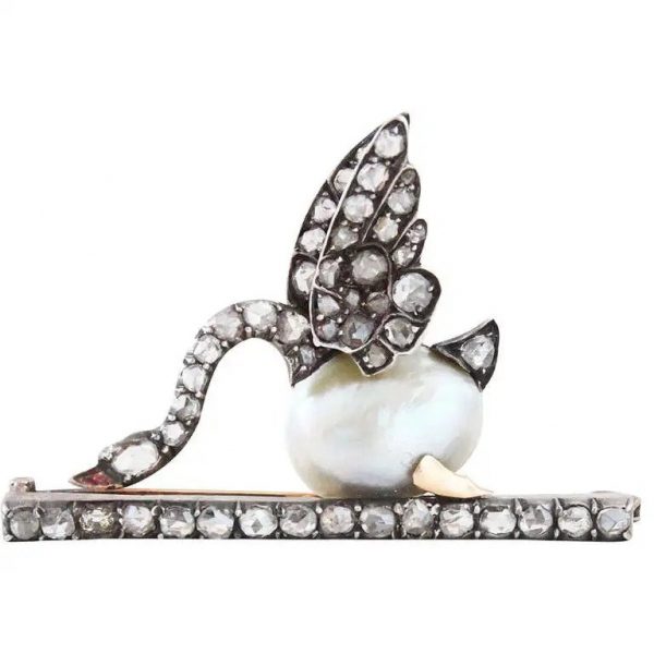Rare Antique Victorian Natural Pearl and Diamond Swan Brooch, Circa 1880s