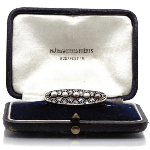Antique Edwardian Diamond and Pearl Openwork Brooch in fitted box