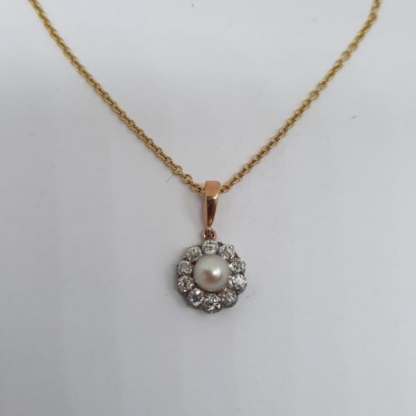Antique Victorian Pearl and Diamond Cluster Pendant Necklace