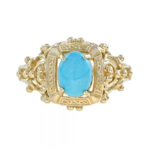 Turquoise Set Yellow Gold Filigree Ring