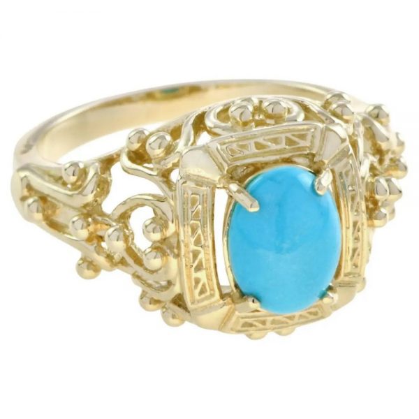 Turquoise Set Yellow Gold Filigree Ring