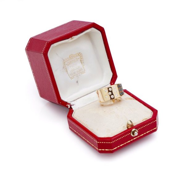 Vintage Cartier 18ct Yellow Gold Band Ring with White Brilliant and Black Rough Diamonds in original Cartier box