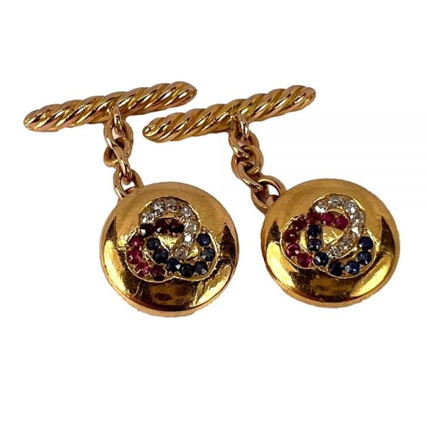 Ruby Sapphire Diamond Trefoil Gold Cufflinks