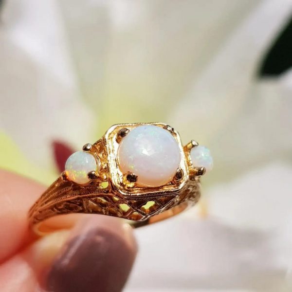 0.90ct Opal Trilogy Filigree Ring in Yellow Gold