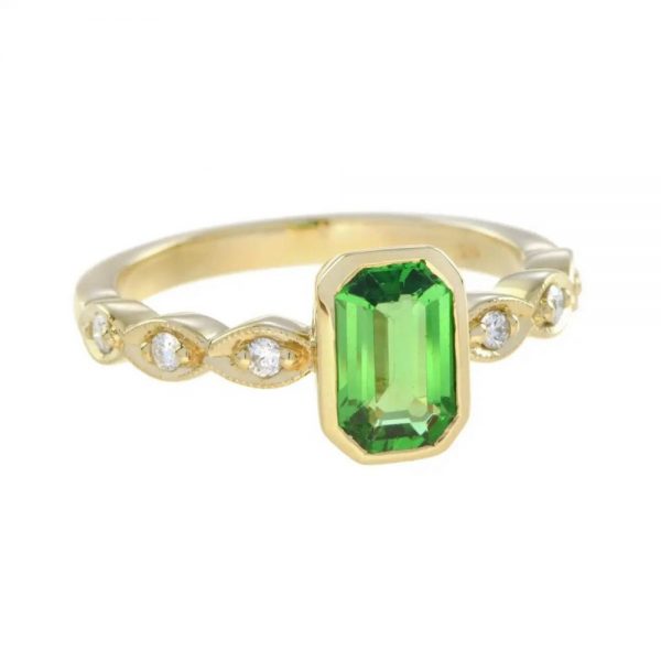 1.09ct Emerald Cut Green Tsavorite Garnet and Diamond Engagement Ring