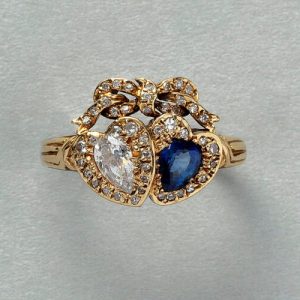 Vintage Sapphire and Diamond Double Heart and Bow Ring