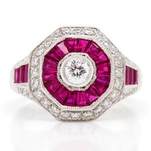 Decorative Diamond and Ruby Target Cluster Ring