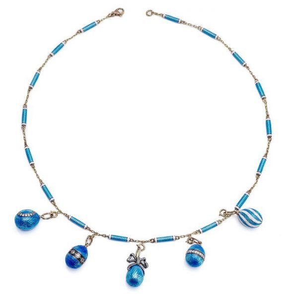 Vintage Gold and Blue Enamel Russian Egg Necklace in the Fabergé style, Circa 1980s