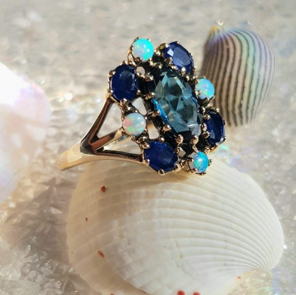 Blue Topaz, Sapphire and Opal Floral Cluster Dress Ring