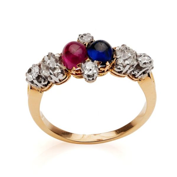 Antique Victorian Cabochon Ruby Sapphire and Old Cut Diamond Ring