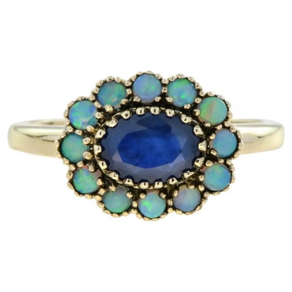 0.90ct Oval Sapphire and Opal Floral Cluster Ring