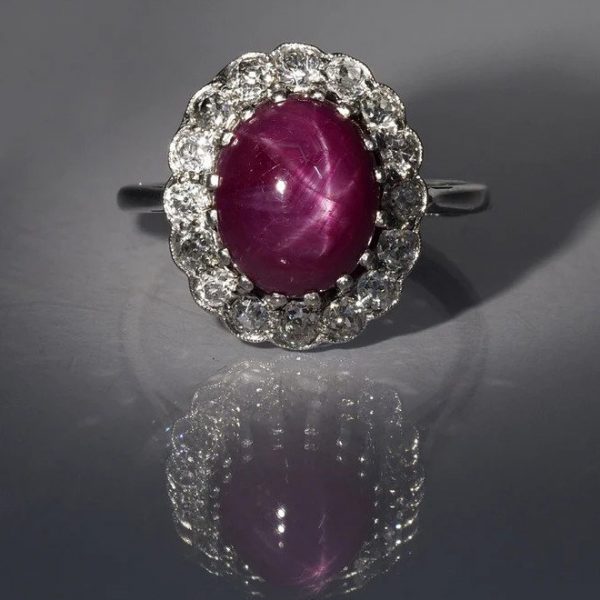 Art Deco Certified Natural Star Ruby and Diamond Cluster Ring