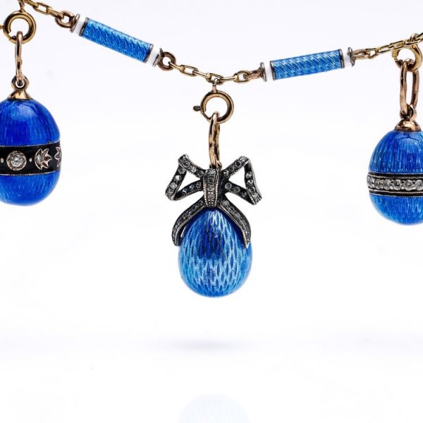 Vintage Gold and Blue Enamel Russian Egg Necklace in the Fabergé style