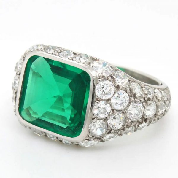 Art Deco Certified 2.85ct Natural No Oil Colombian Emerald and Old Cut Diamond Dress Ring