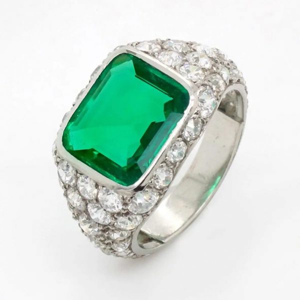 Art Deco Certified 2.85ct Natural No Oil Colombian Emerald and Old Cut Diamond Dress Ring