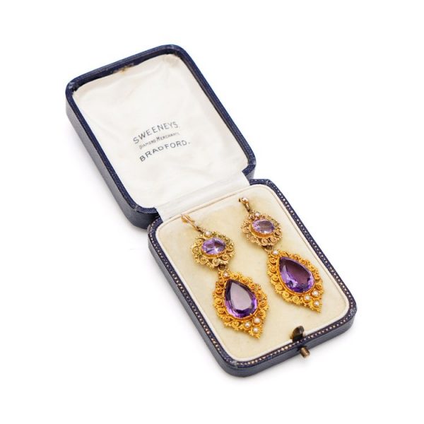 Antique Ornate Amethyst and 18ct Gold Drop Earrings