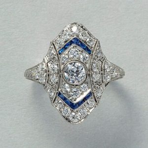 Art Deco Old Cut Diamond and Sapphire Navette Cluster Ring