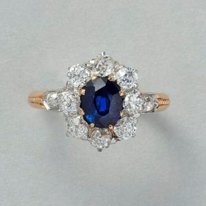 Antique 1.82ct Sapphire and Old Cut Diamond Cluster Ring