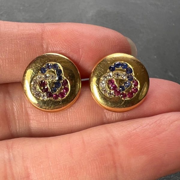 Ruby Sapphire Diamond Trefoil Gold Cufflinks