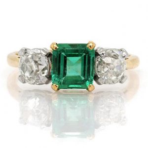 Vintage 1ct Octagonal Emerald and Old Cut Diamond Trilogy Ring