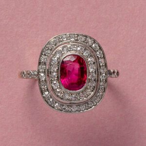 Antique Edwardian Burma Ruby and Double Diamond Cluster Ring